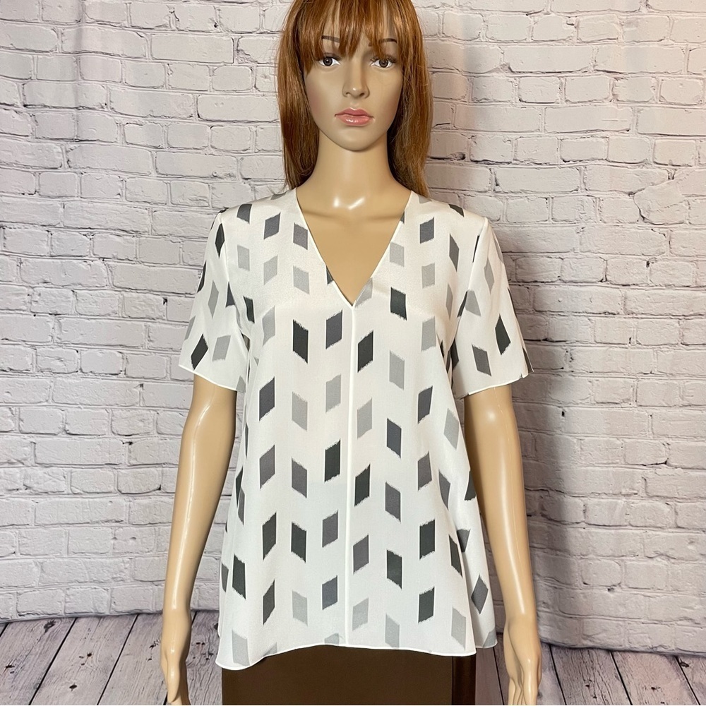 NWT New $295 Theory Silk A-Line Short Sleeve Grey Brush Print Top Size P US XS